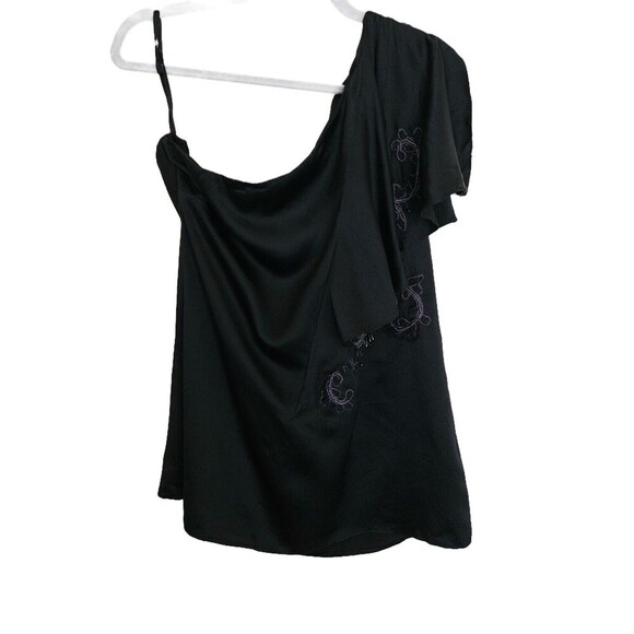 Nanette Lepore Silk Beaded One Shoulder Blouse Size 10 Embellished Ruffle Black - Picture 3 of 7